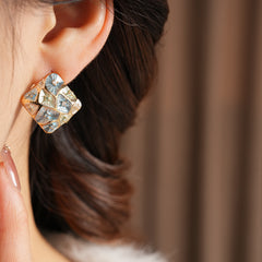 Vintage Enamel Square Stud Earrings with Zircon Floral Design