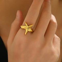 18K Gold-Plated Stainless Steel Starfish Ring – Minimalist Beach Style