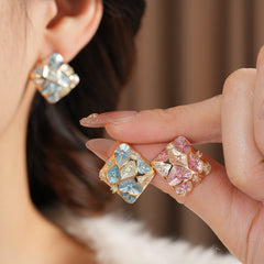 Vintage Enamel Square Stud Earrings with Zircon Floral Design