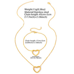 Stainless Steel Hollow Heart Necklace And Bracelet Set