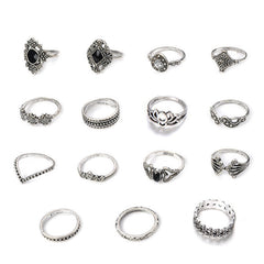 Vintage Antique Silver Lotus Flower Women's New Ring 15-Piece Set