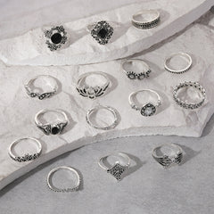 Vintage Antique Silver Lotus Flower Women's New Ring 15-Piece Set