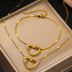 Stainless Steel Hollow Heart Necklace And Bracelet Set