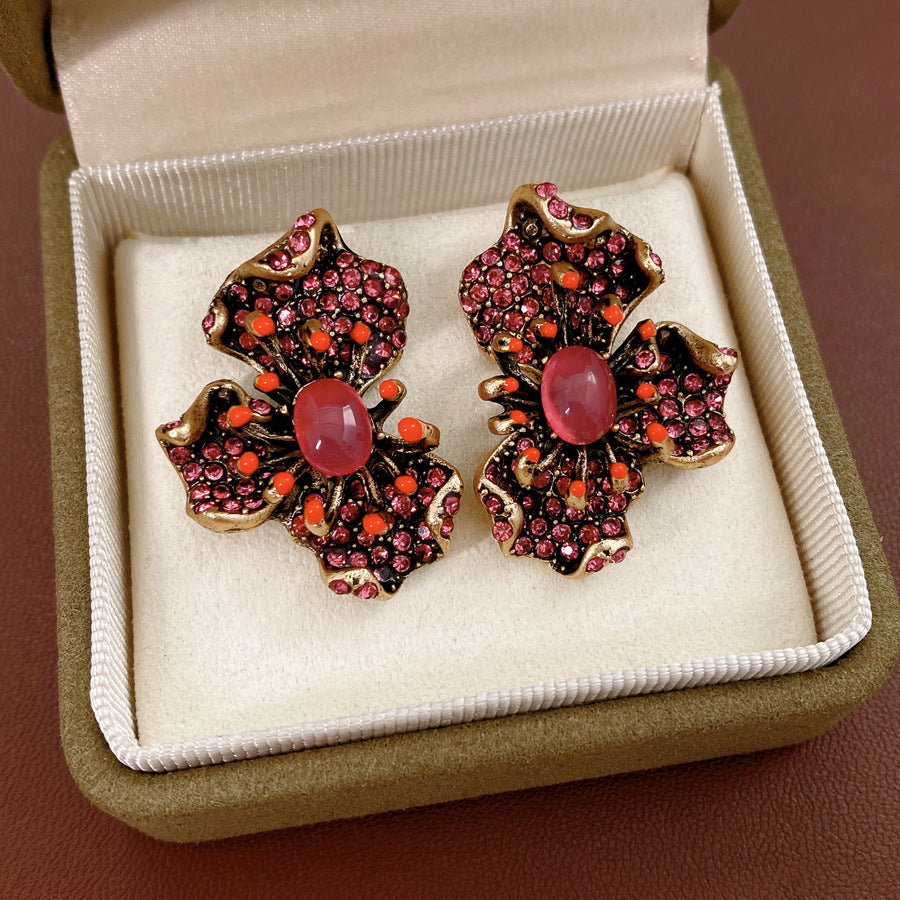 Vintage Floral Rhinestone Stud Earrings with S925 Silver Post