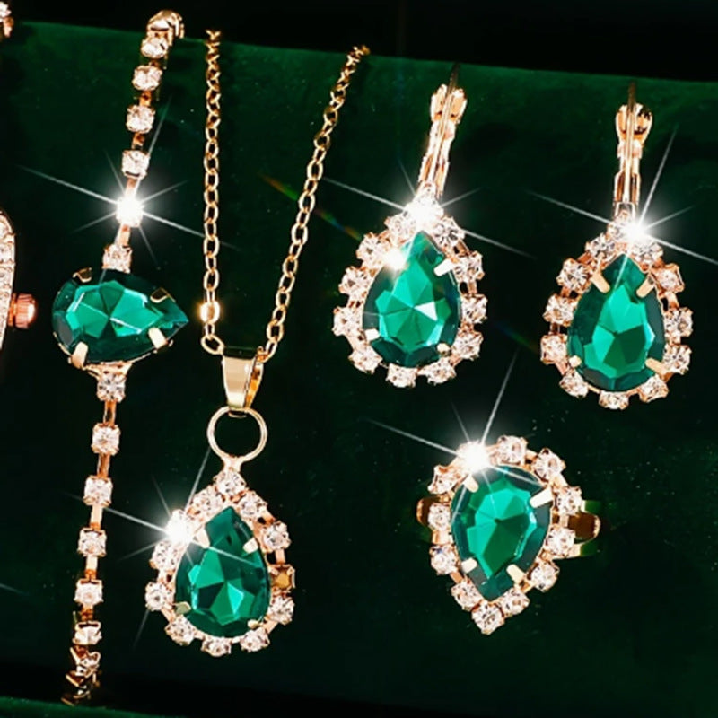 Rhinestone Light Blue Necklace Earrings And Ring Four-piece Set