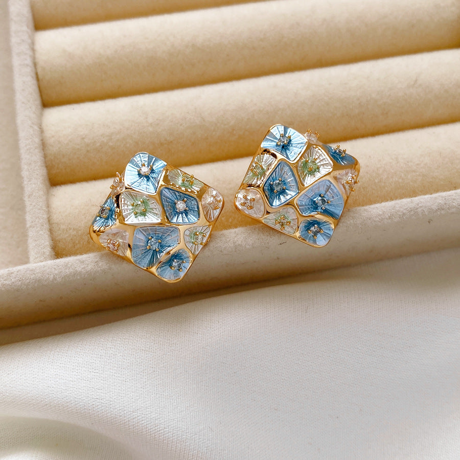 Vintage Enamel Square Stud Earrings with Zircon Floral Design
