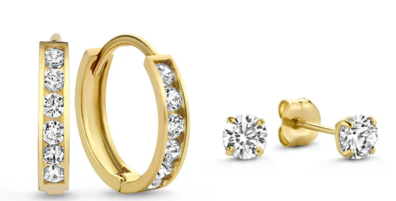 Copper-Inlaid Zircon Hoop & Stud Earring Set