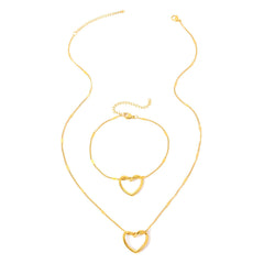 Stainless Steel Hollow Heart Necklace And Bracelet Set